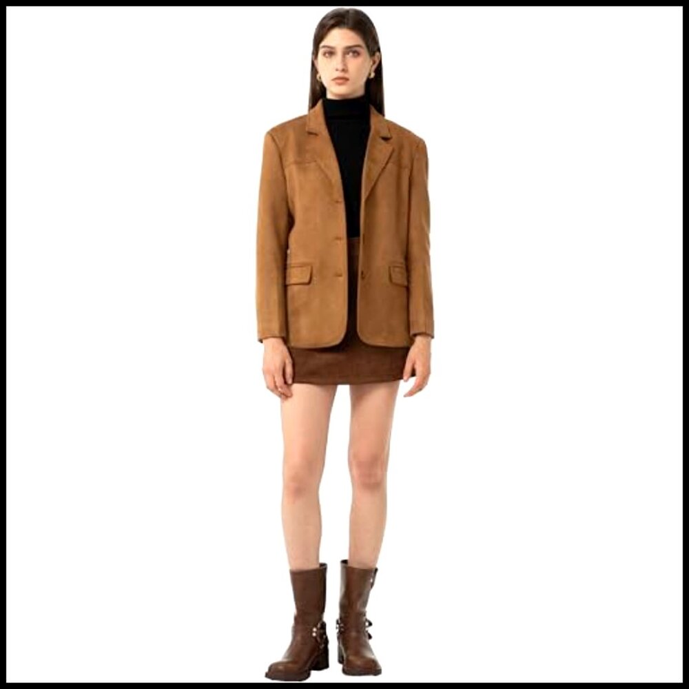 Faux Suede Blazer Jacket Women's Regular Fit Fall Winter Coat - Picture 4 of 7